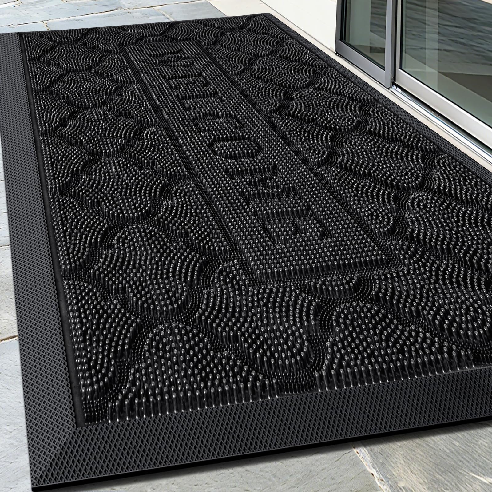 FRAMICS Front Door Mat Outside Entrance, Heavy Duty Rubber Door Mats Outdoor Welcome Mat Waterproof Doormat Non Slip for Entryway Doormats Dirt Trapper Indoor Mats All Seasons, 17 x 30 Inches, Black