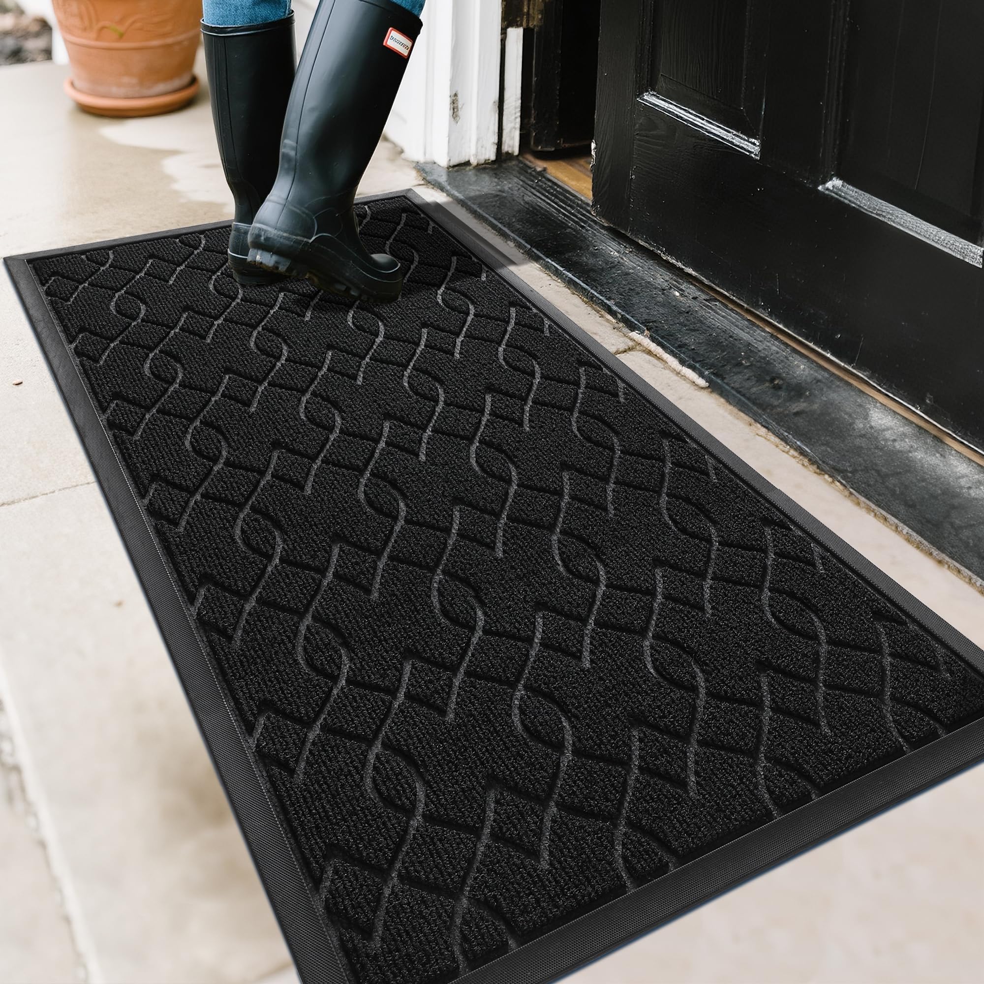 Yimobra Outdoor Mats for Front Door 29.5x17, All-Season Waterproof Doormat Outdoor Entrance, Heavy Duty Non-Slip Outside Door Mat for Garage Patio Proch Entryway Indoor, Black