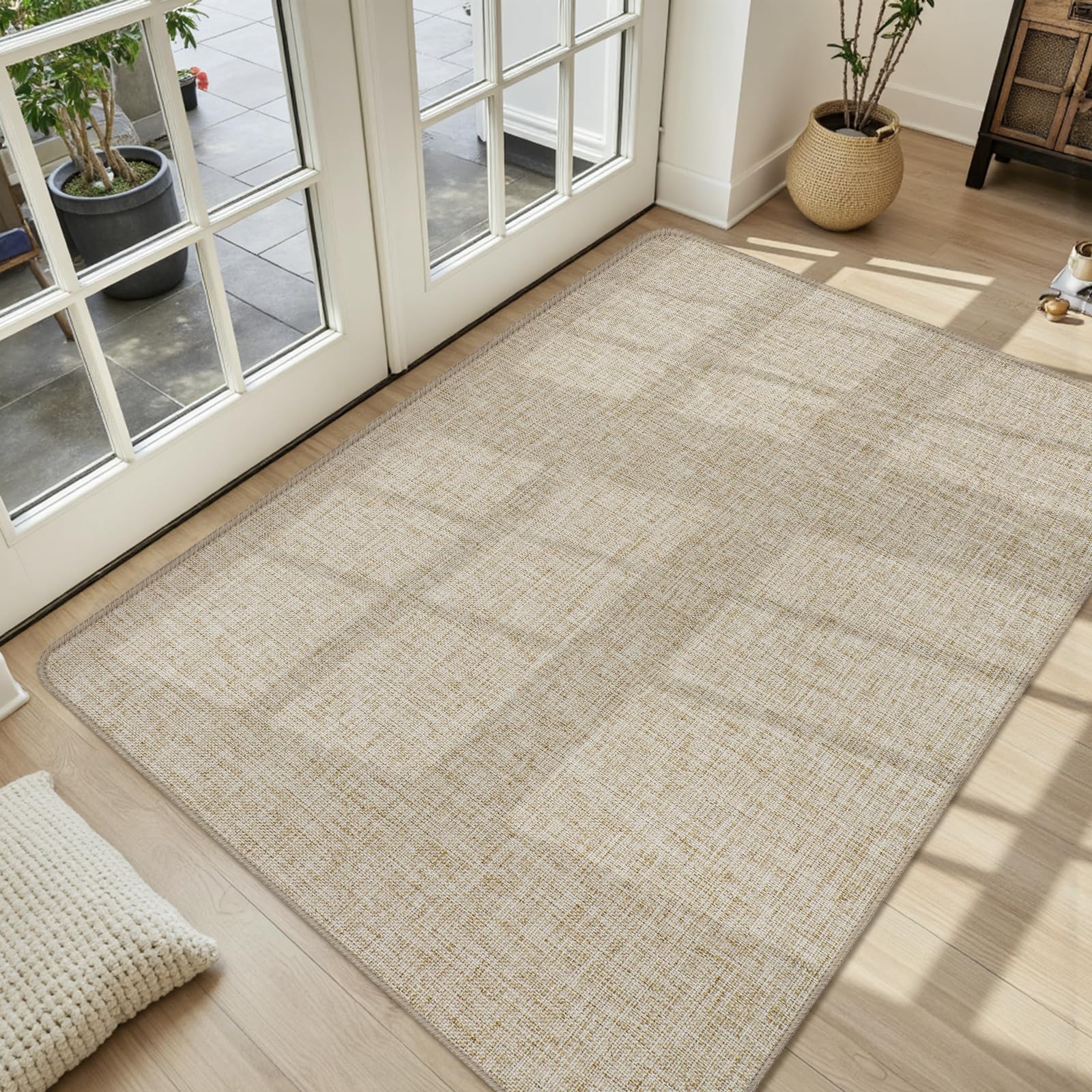 LEKEEPGO Ultra Thin Indoor Door Mat 17"x29", Low-Profile Door Mat Indoor Entrance, Non Slip Rubber Backing Inside Doormat Washable Welcome Front Entryway Dirt Trapper Entry Mat, Khaki