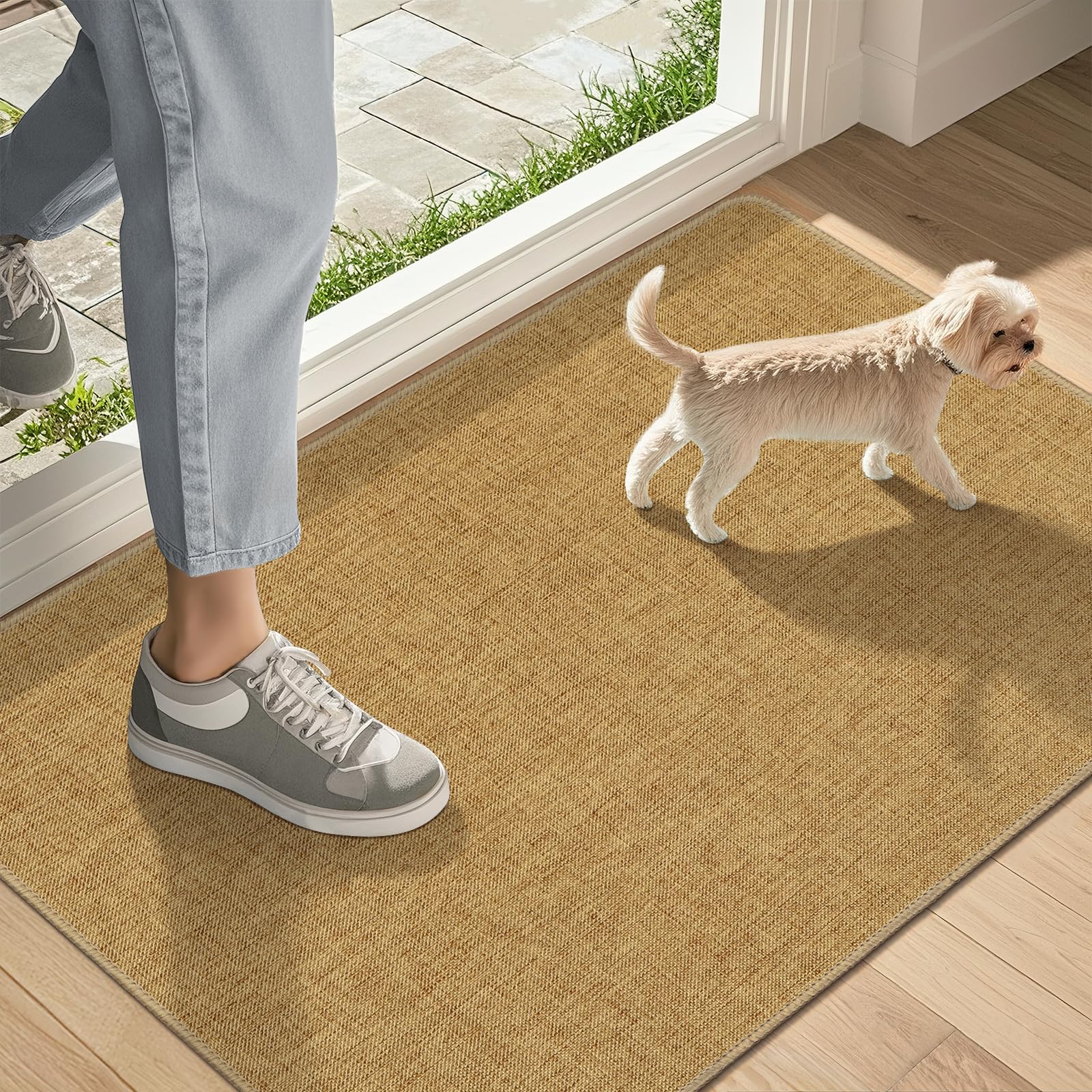 LEKEEPGO Ultra Thin Indoor Door Mat 17"x29", Low-Profile Door Mat Indoor Entrance, Non Slip Rubber Backing Inside Doormat Washable Welcome Front Entryway Dirt Trapper Entry Mat, Khaki