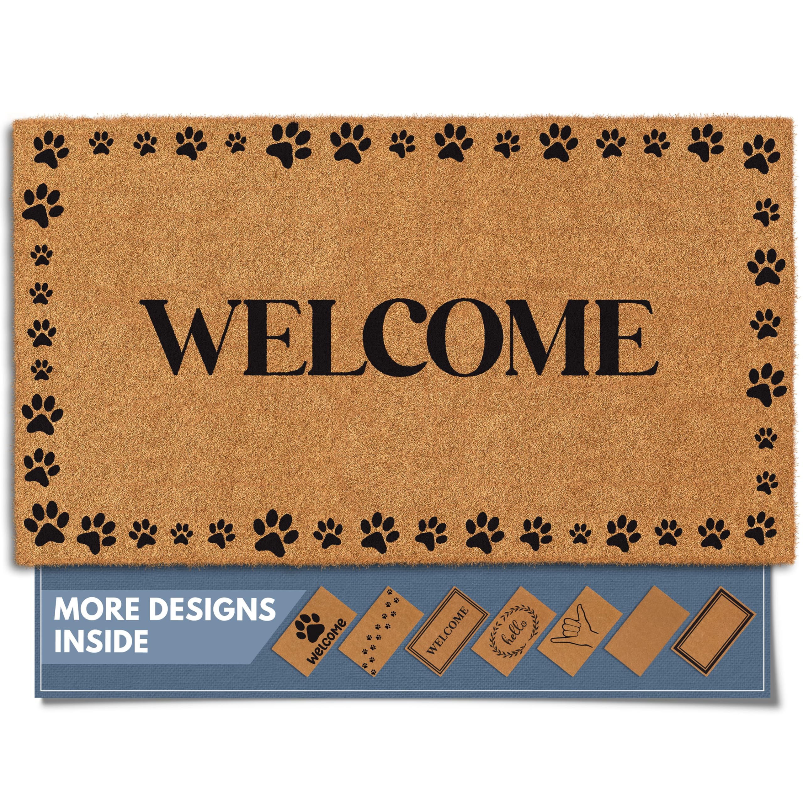 Barnyard Designs Natural Coco Coir Heavy Duty Backing Doormat - Large Cute Non-Slip Front Door Welcome Mat for Outside Entrance or Porch Entry, Brown (17x30, Welcome Paws)