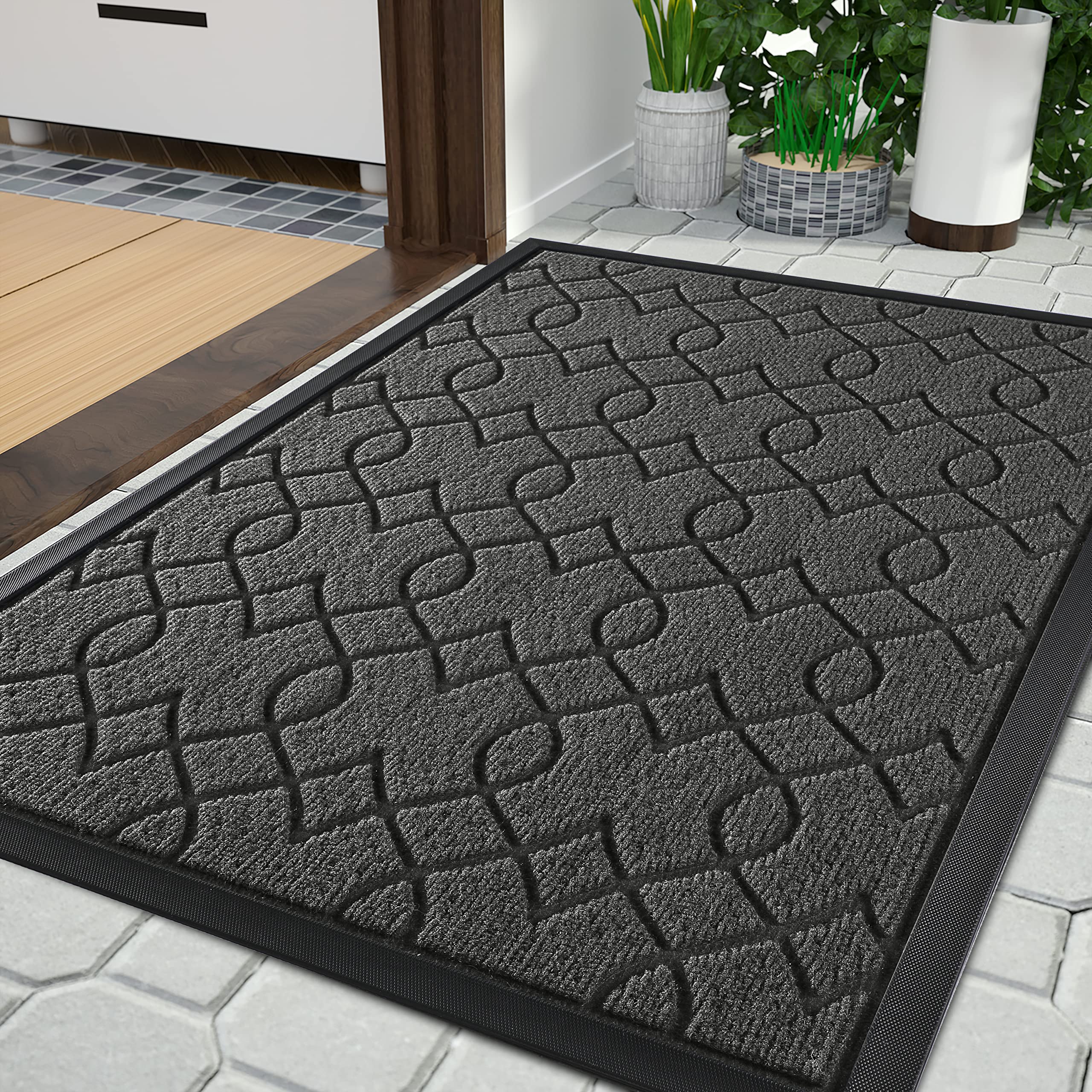 Yimobra Outdoor Mats for Front Door 29.5x17, All-Season Waterproof Doormat Outdoor Entrance, Heavy Duty Non-Slip Outside Door Mat for Garage Patio Proch Entryway Indoor, Black